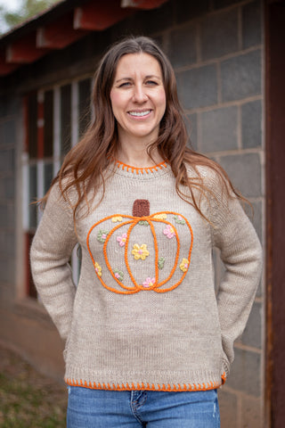 Pumpkin and Floral Embroidered Sweater