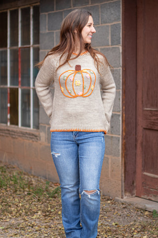 Pumpkin and Floral Embroidered Sweater