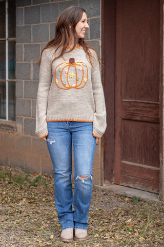 Pumpkin and Floral Embroidered Sweater
