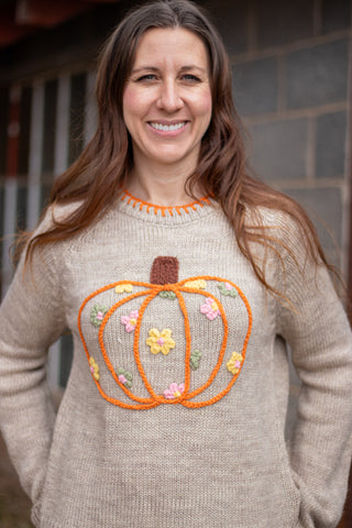 Pumpkin and Floral Embroidered Sweater