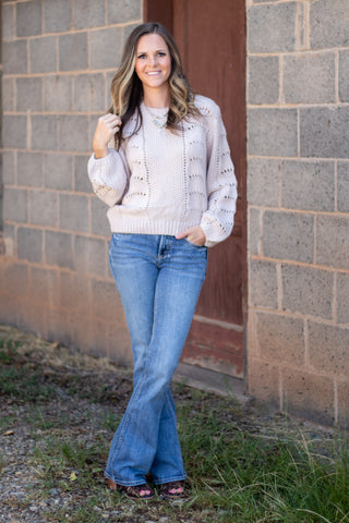 Scallop Crochet Pullover Sweater- Oatmeal