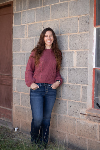 Scallop Crochet Pullover Sweater- Rust