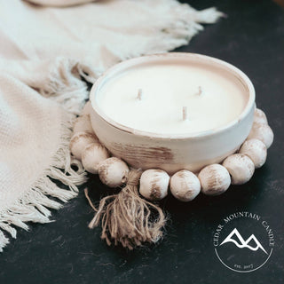 3 Wick Round Beaded Pottery Bowl Candle with Tassel