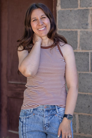Corrie Striped Tank- Brown/White