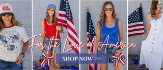 Collage of women wearing patriotic clothing with American flags in the background.