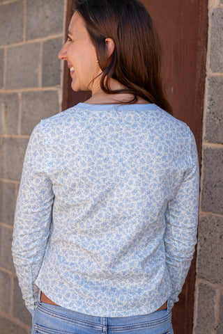 Easy Does It Floral Waffle Knit Top- Dusty Blue/Ivory