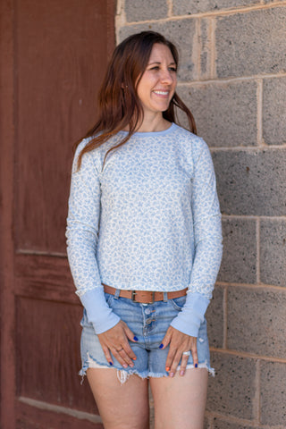 Easy Does It Floral Waffle Knit Top- Dusty Blue/Ivory