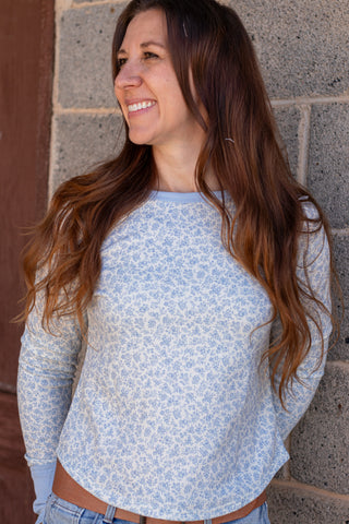 Easy Does It Floral Waffle Knit Top- Dusty Blue/Ivory