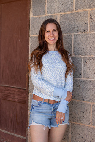 Easy Does It Floral Waffle Knit Top- Dusty Blue/Ivory