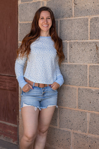 Easy Does It Floral Waffle Knit Top- Dusty Blue/Ivory