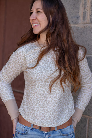 Easy Does It Floral Waffle Knit Top- Taupe/Ivory