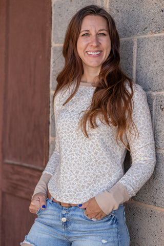 Easy Does It Floral Waffle Knit Top- Taupe/Ivory