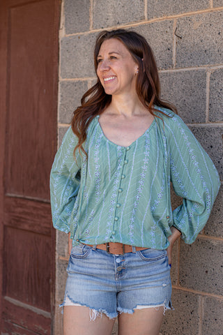 Go The Distance Eyelet Top- Sage Green