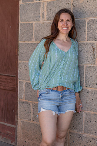 Go The Distance Eyelet Top- Sage Green