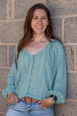Go The Distance Eyelet Top- Sage Green