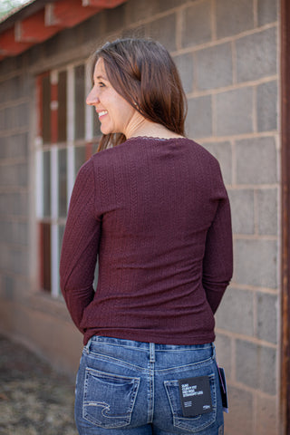 Happy Thoughts Lace Edge Top- Bordeaux