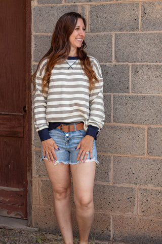 Harper Stripe Pullover- Olive/ Navy