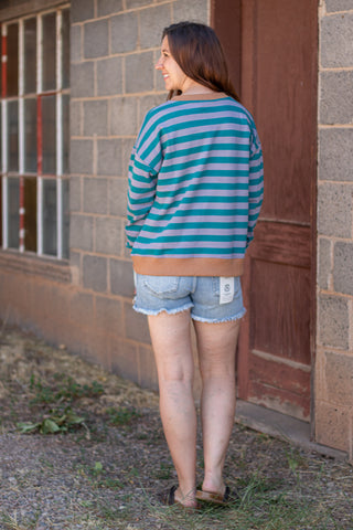 Harper Stripe Pullover- Teal/Caramel