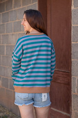 Harper Stripe Pullover- Teal/Caramel