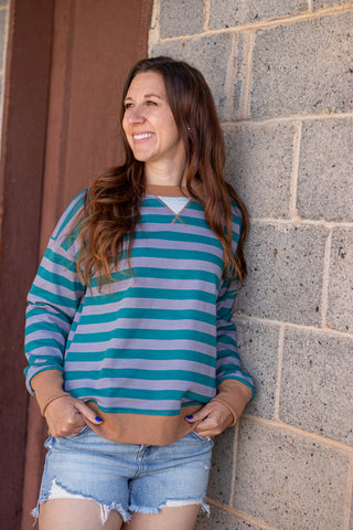 Harper Stripe Pullover- Teal/Caramel