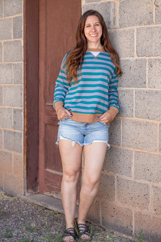 Harper Stripe Pullover- Teal/Caramel