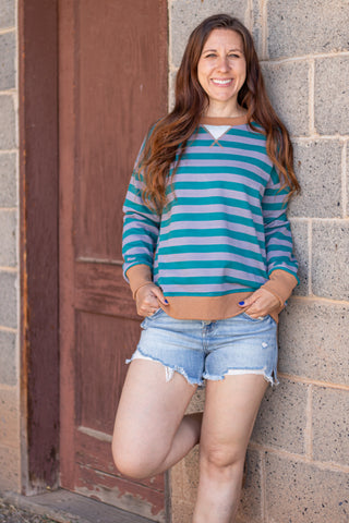 Harper Stripe Pullover- Teal/Caramel