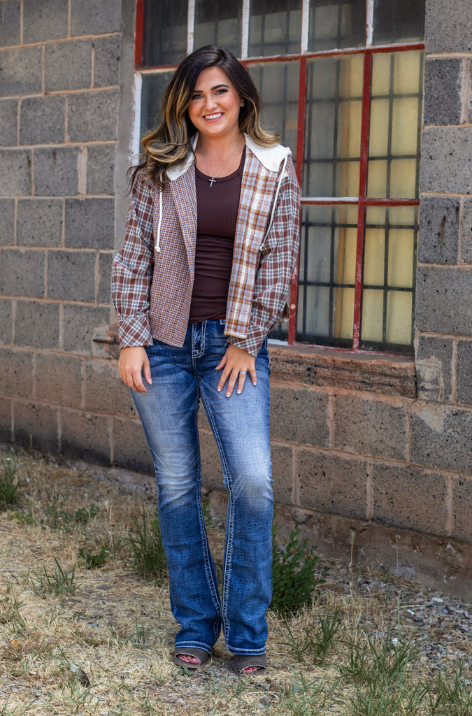 Mix And Match Plaid Hooded Crop Jacket