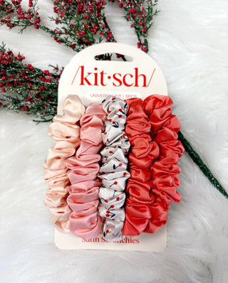 Ruched Satin Scrunchies 5pc Set - Assorted Cherry Blossom