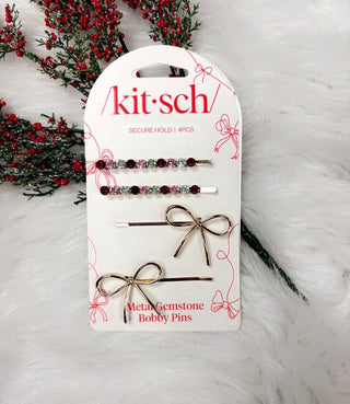 Holiday Gemstone and Bow Bobby Pins 4pc
