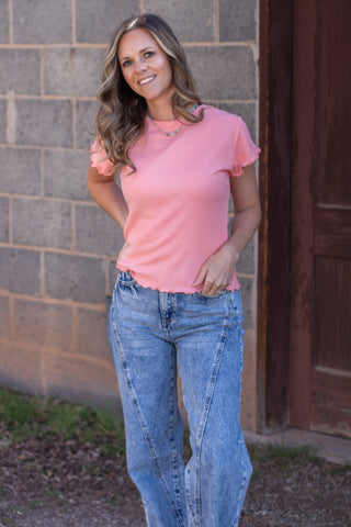 Not A Secret Waffle Knit  Top- Melon