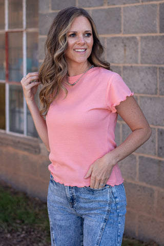Not A Secret Waffle Knit  Top- Melon