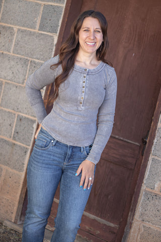 It's No Mystery Henley Top- Charcoal