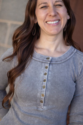 It's No Mystery Henley Top- Charcoal