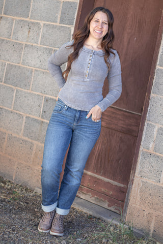 It's No Mystery Henley Top- Charcoal