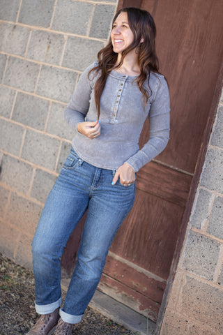 It's No Mystery Henley Top- Charcoal