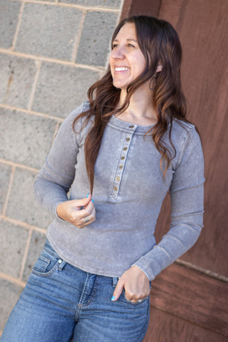 It's No Mystery Henley Top- Charcoal