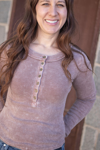 It's No Mystery Henley Top- Cocoa
