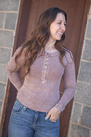 It's No Mystery Henley Top- Cocoa