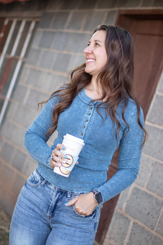 It's No Mystery Henley Top- Vintage Blue