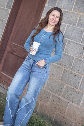It's No Mystery Henley Top- Vintage Blue