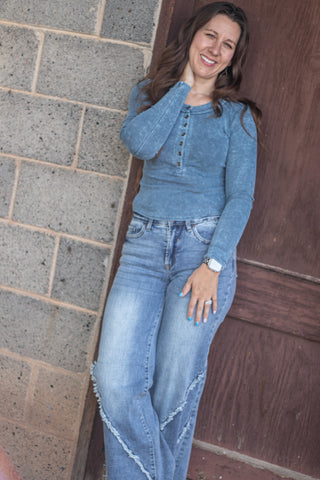 It's No Mystery Henley Top- Vintage Blue