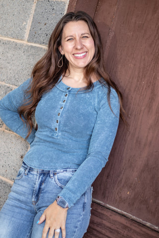 It's No Mystery Henley Top- Vintage Blue