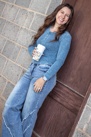 It's No Mystery Henley Top- Vintage Blue