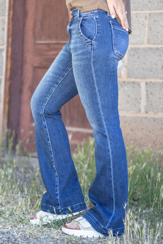Karrie Risen High Rise Double Button Flare Jean