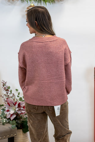 Marlene Slit Crew Neck Sweater- Pink