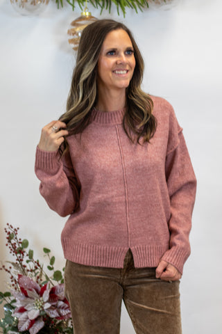 Marlene Slit Crew Neck Sweater- Pink