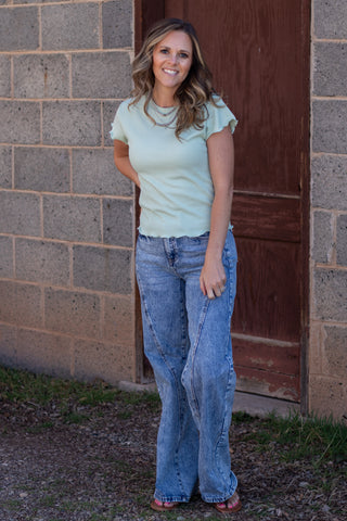 Not A Secret Waffle Knit  Top- Sage