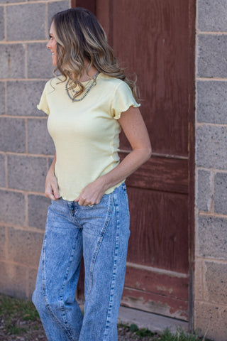 Not A Secret Waffle Knit  Top- Lemon