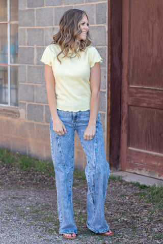 Not A Secret Waffle Knit  Top- Lemon