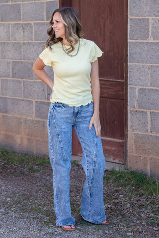Not A Secret Waffle Knit  Top- Lemon